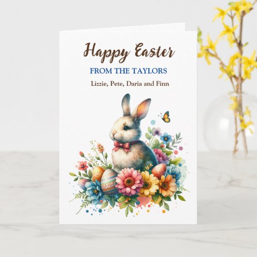 イースターバニー、蝶々と花のカスタマイズ カード (黄色い花)
