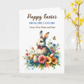 イースターバニー、蝶と花パーソナライズされた カード (黄色い花)