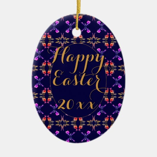 イースターバラパターン(の模様が)ある卵オーナメント セラミックオーナメント (正面)