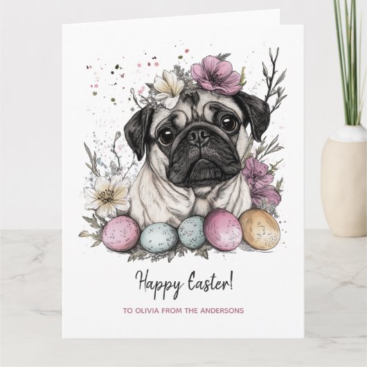 イースターパグかわいい素朴な植物フローラ カード (正面)