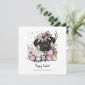 イースターパグかわいい素朴な水色のフローラ カード (スタンド正面)