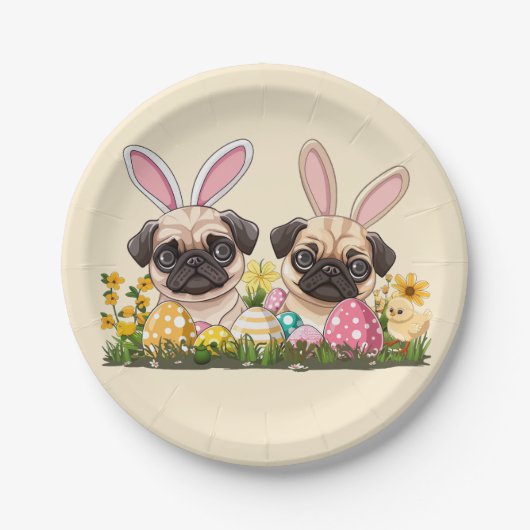 イースターパグドッグズバニー耳 ペーパープレート (正面)