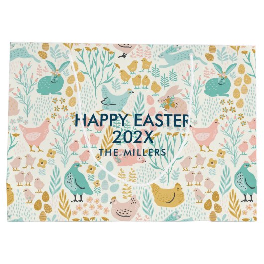 イースターパステルの色のシンボルのシームレスなパターン ラージペーパーバッグ (裏面)