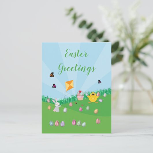 イースターパーソナライズされたエグカラフル狩りバニーチック シーズンポストカード (スタンド正面)