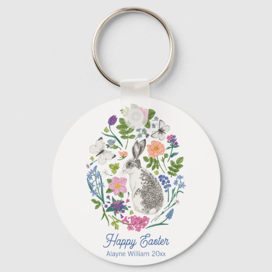 イースターパーソナライズされたバニーと花 キーホルダー (裏面)
