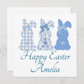イースターパーソナライズされたバニーコケットブルーホワイト 招待状 (正面/裏面)