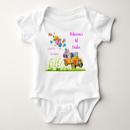 イースターパーソナライズされたバニー1位がイースターエッグを配達 ベビーボディスーツ (正面)