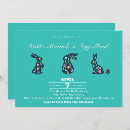 イースターパーティーのご招待 イースターの朝食と卵の宝探し 招待状 (正面/裏面)