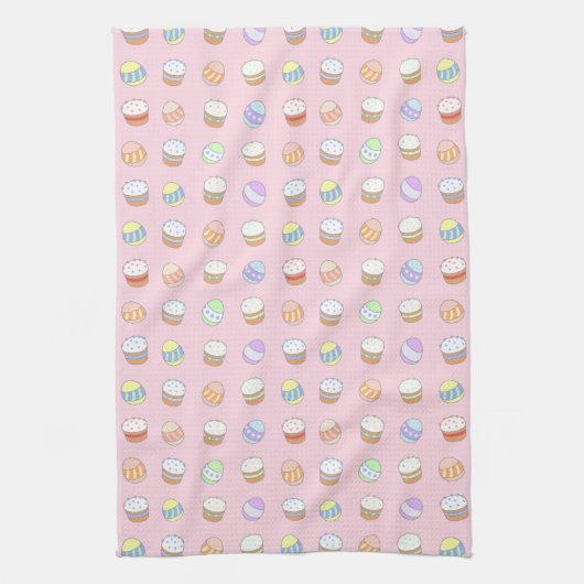 イースターパーティーケーキと卵かわいいパターン キッチンタオル (縦)