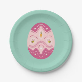 イースターパーティープレートピンクの卵の緑の背景 ペーパープレート