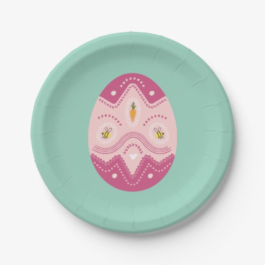 イースターパーティープレートピンクの卵の緑の背景 ペーパープレート (正面)
