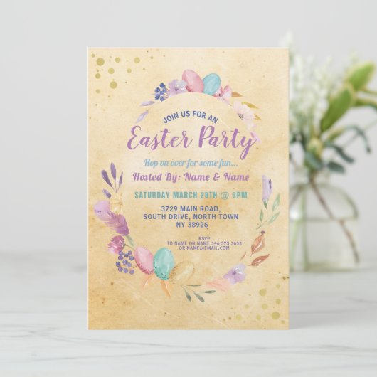 イースターパーティー卵花パーティーピンクヴィンテージ 招待状 (スタンド正面)