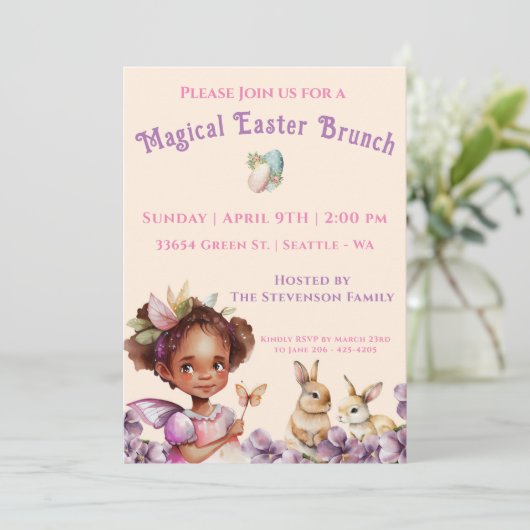 イースターパープル花かわいい女の子とバニー シーズンカード (スタンド正面)