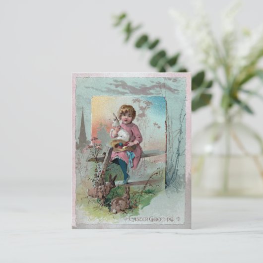 イースタービクトリアンウサギとフェンスの上の少女 シーズンポストカード (スタンド正面)