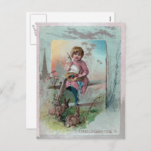 イースタービクトリアンウサギとフェンスの上の少女 シーズンポストカード (正面/裏面)