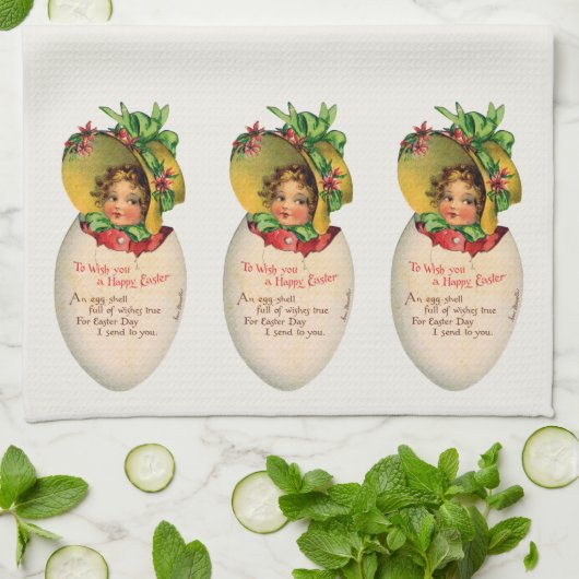 イースタービクトリアン、ヴィンテージの女の子と卵のボンネット キッチンタオル (折り畳み)