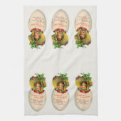 イースタービクトリアン、ヴィンテージの女の子と卵のボンネット キッチンタオル (縦)