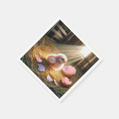 イースターピンクの雛とギンガムエッグシェル スタンダードカクテルナプキン (角)