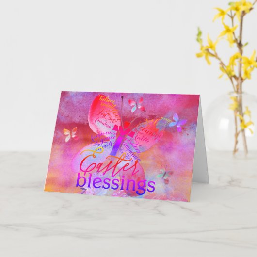 イースターピンク紫色の水の色の蝶のクロスカード カード (黄色い花)