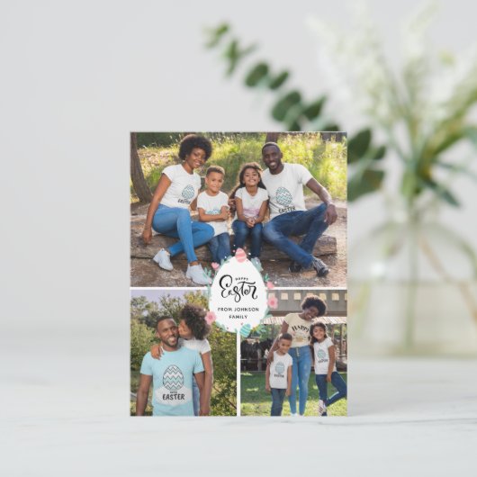 イースターファミリー名3フォトコラージュフローラ卵かわいい ポストカード (スタンド正面)