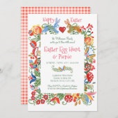 イースターフォークアートバニーラビットピンクギンガムエッグ狩り 招待状 (正面/裏面)