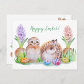 イースターフクロウとベビーバニーアート シーズンポストカード (正面/裏面)