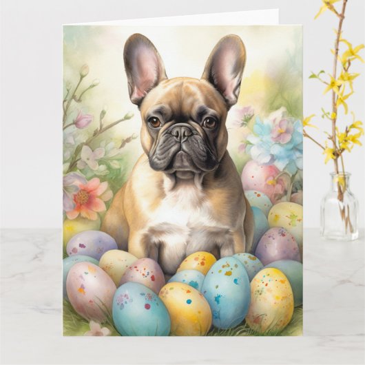 イースターフランスのエッグ付きブルドッグ カード (黄色い花)