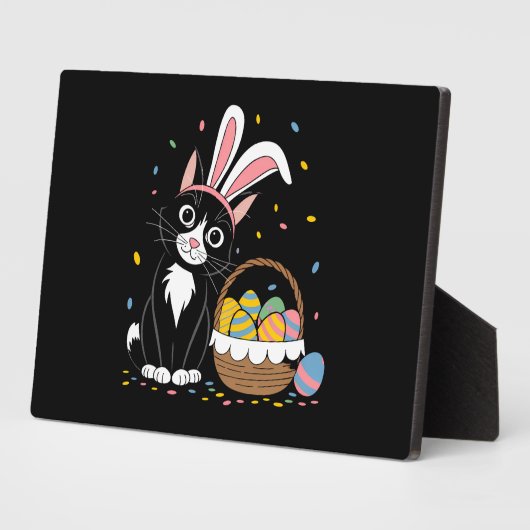 イースターブラックキャットタキシドウサギ耳の卵 フォトプラーク (側面)
