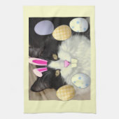 イースターブラック&ホワイトキティ猫 キッチンタオル (縦)