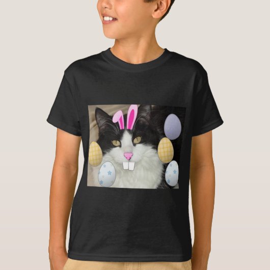 イースターブラック&ホワイトキティ猫 Tシャツ (正面)