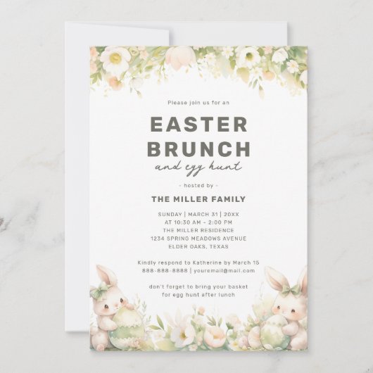 イースターブランチかわいいパステルバニーウォーターカラーフローラ 招待状 (正面)