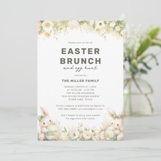 イースターブランチかわいいパステルバニーウォーターカラーフローラ 招待状 (スタンド正面)