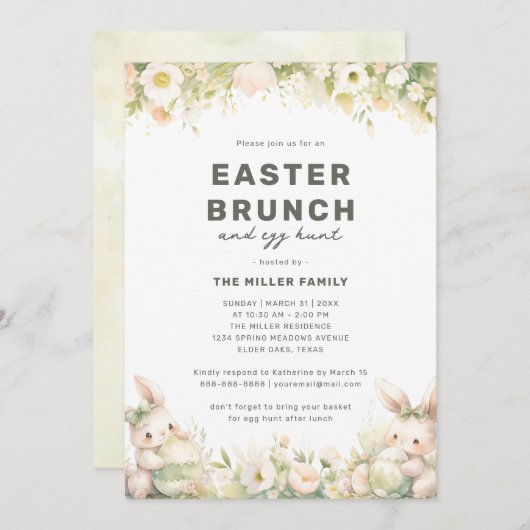 イースターブランチかわいいパステルバニーウォーターカラーフローラ 招待状 (正面/裏面)