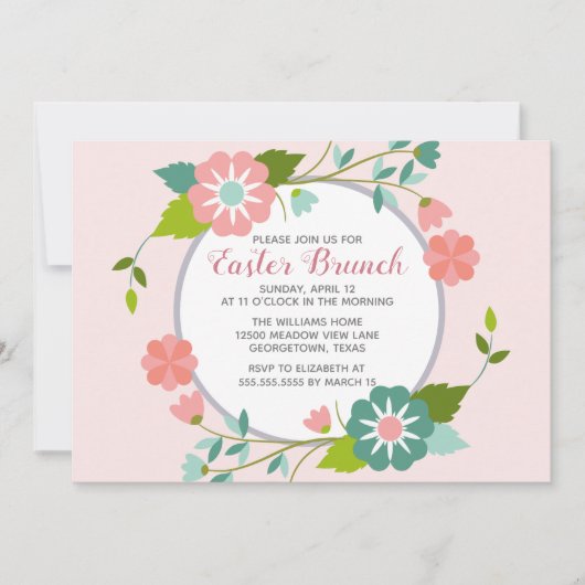 イースターブランチかわいいピンクのフローラパーティー 招待状 (正面)
