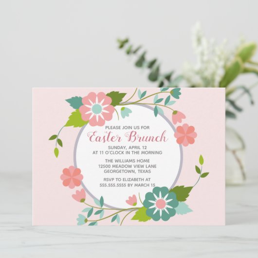 イースターブランチかわいいピンクのフローラパーティー 招待状 (スタンド正面)