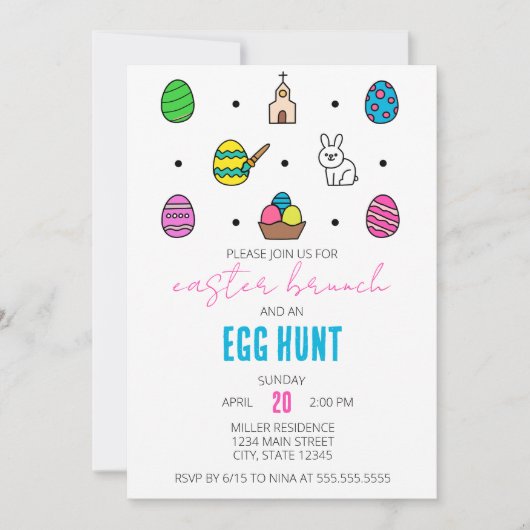 イースターブランチと卵狩りラインアイコンイースターパーティー 招待状 (正面)