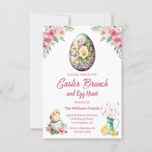 イースターブランチと卵狩り、ピンクのフローラ鶏 招待状 (正面)