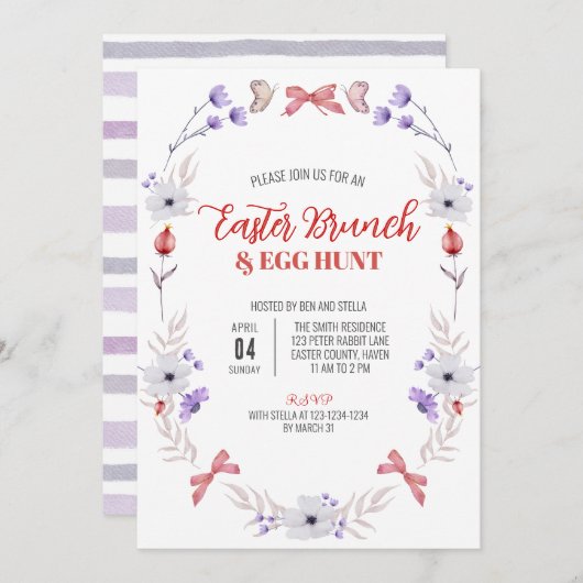 イースターブランチと卵狩り、紫の白フローラ 招待状 (正面/裏面)