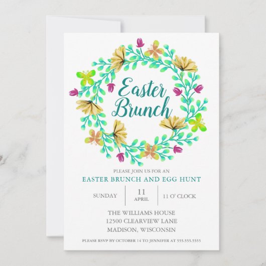 イースターブランチブライトターコイズエレガントフローラ 招待状 (正面)