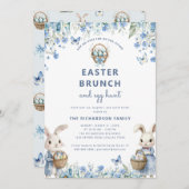 イースターブランチ&エッグ狩りかわいいブルーフローラバニー 招待状 (正面/裏面)