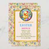 イースターブランチ、チック、 花、そしてカラフルな卵 招待状 (正面/裏面)