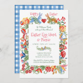イースターブルーフォークアートバニーラビットギンガムエッグ狩り 招待状 (正面/裏面)
