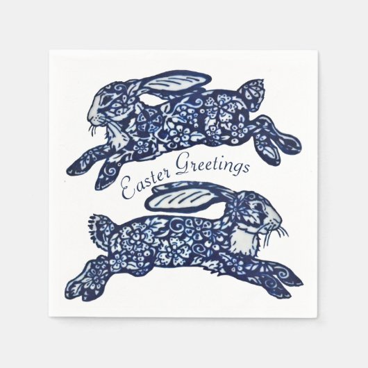 イースターブルー&ホワイトオリエンタルウサギBunny Delft スタンダードカクテルナプキン (正面)