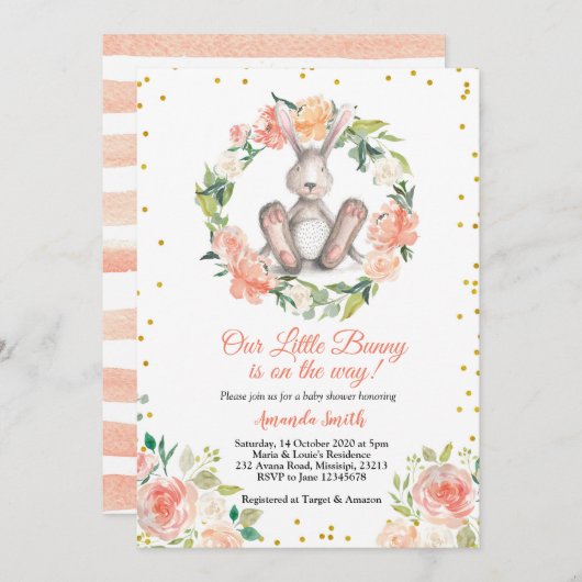 イースターベイビーシャワーのためにリトルバニーがやってくる 招待状 (正面/裏面)