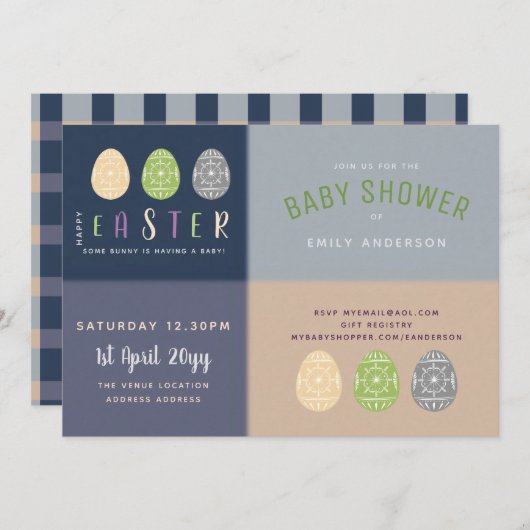 イースターベイビーシャワー招待状ブルーソフトピンク 招待状 (正面/裏面)