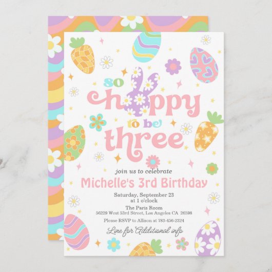 イースターホッピーは3つの誕生日 招待状 (正面/裏面)