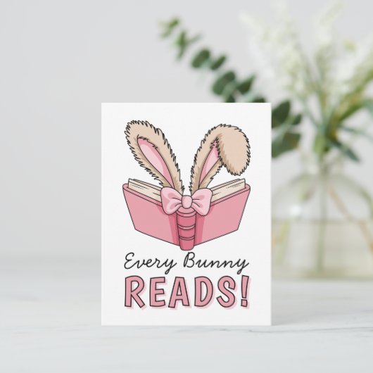 イースターホリデーかわいい読書うさぎブックラバー シーズンポストカード (スタンド正面)