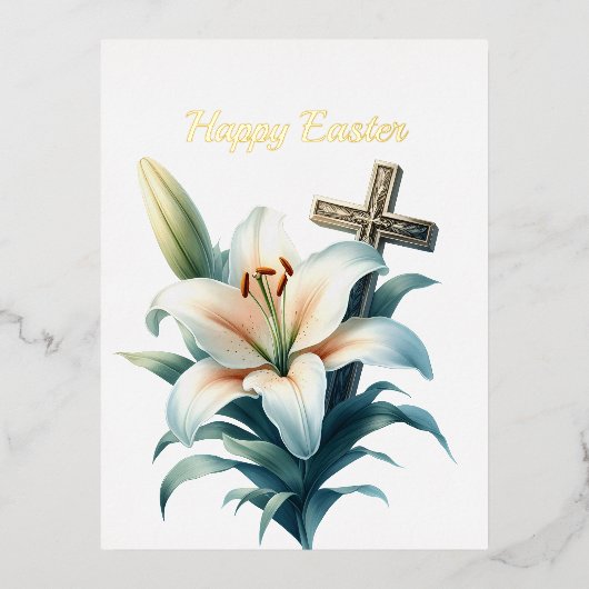 イースターホワイトリリクロスイラストレーション 箔シーズンポストカード (正面)