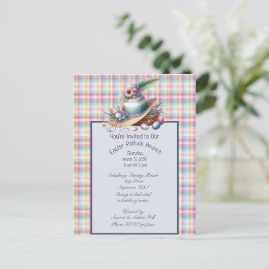 イースターボンネットと卵のポットラックブランチ招待状 シーズンポストカード (スタンド正面)