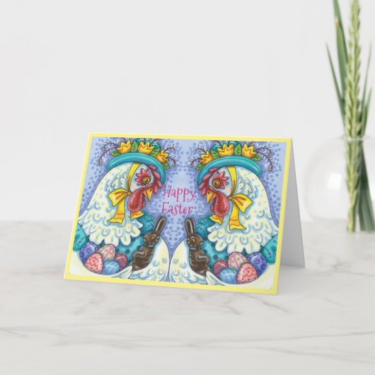イースターボンネットと卵、春チキンカラフル シーズンカード (正面)